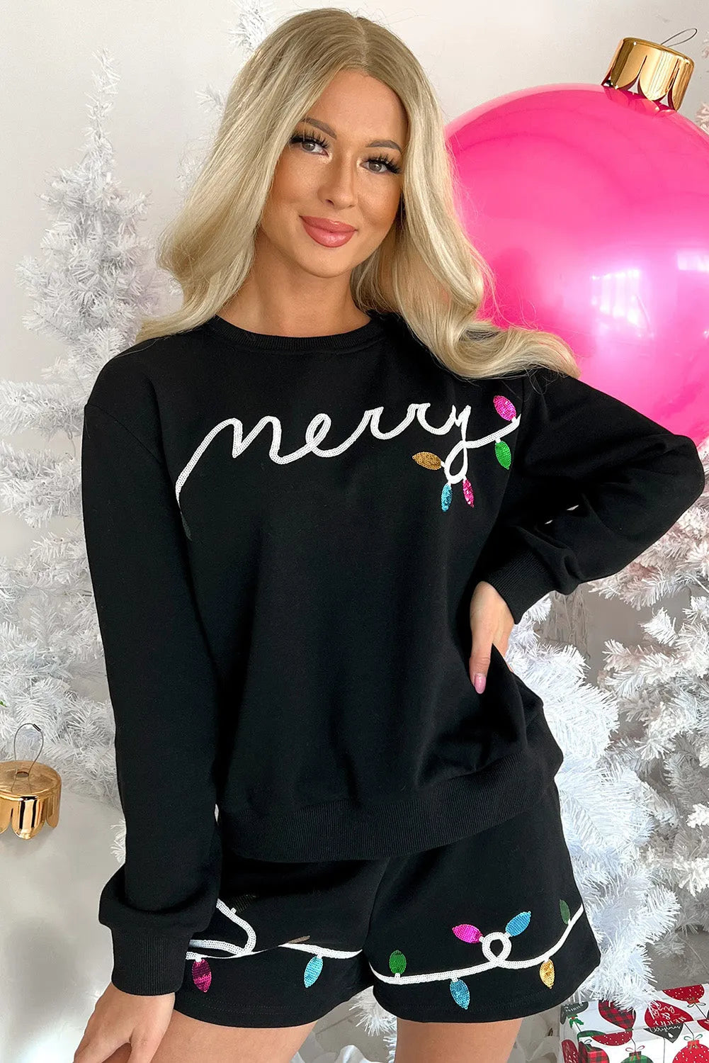 Black Sequin Merry Graphic Pullover and Shorts Outfit - Chic Meadow Boutique 