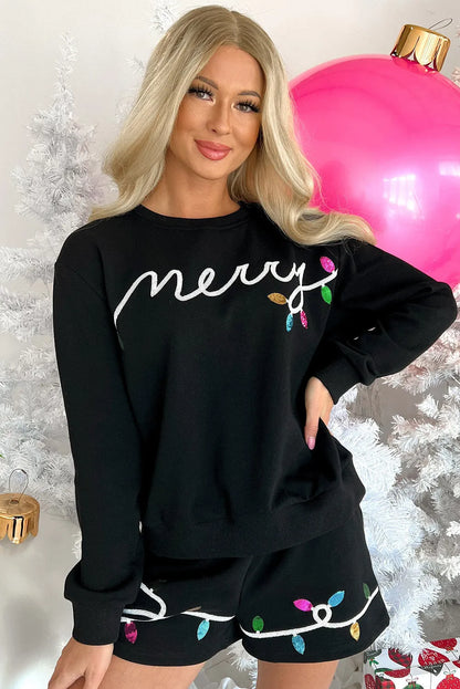 Black Sequin Merry Graphic Pullover and Shorts Outfit - Chic Meadow Boutique 