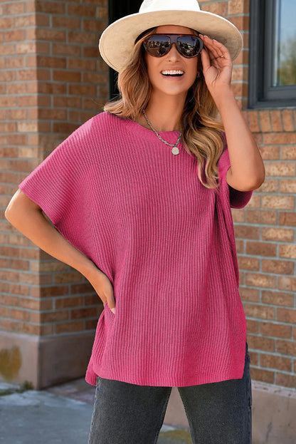 Rose Red Short Sleeve Side Slit Oversized Sweater - Chic Meadow Boutique 