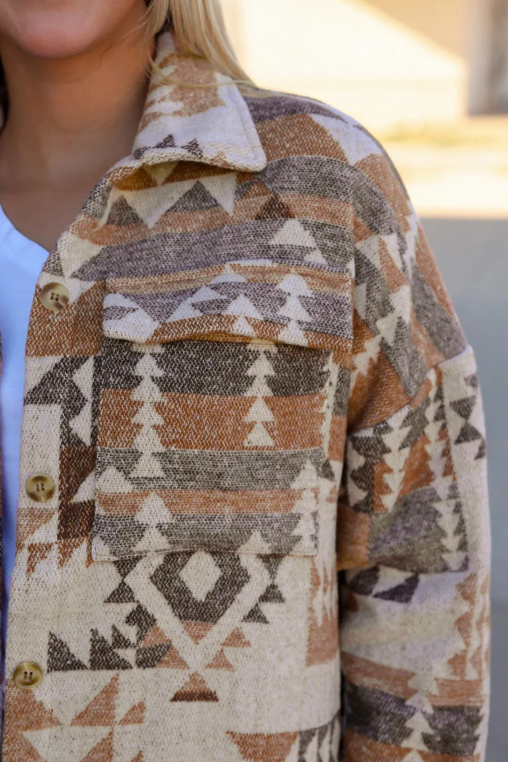 Brown Aztec Print Flap Pocket Button-up Jacket - Chic Meadow Boutique 