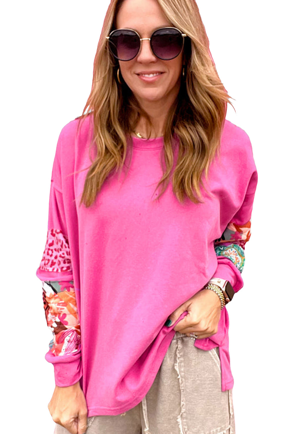 Sachet Pink Mixed Print Patch Drop Shoulder Pullover Top