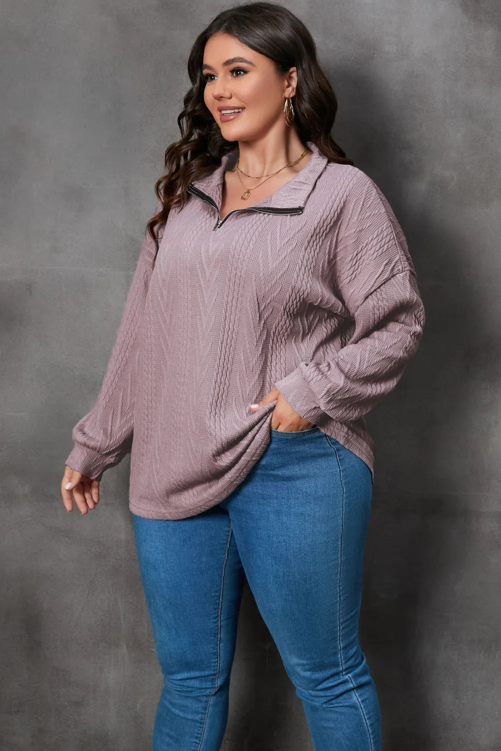 Plus Size Textured Knit Zip Neck Pullover - Chic Meadow Boutique 