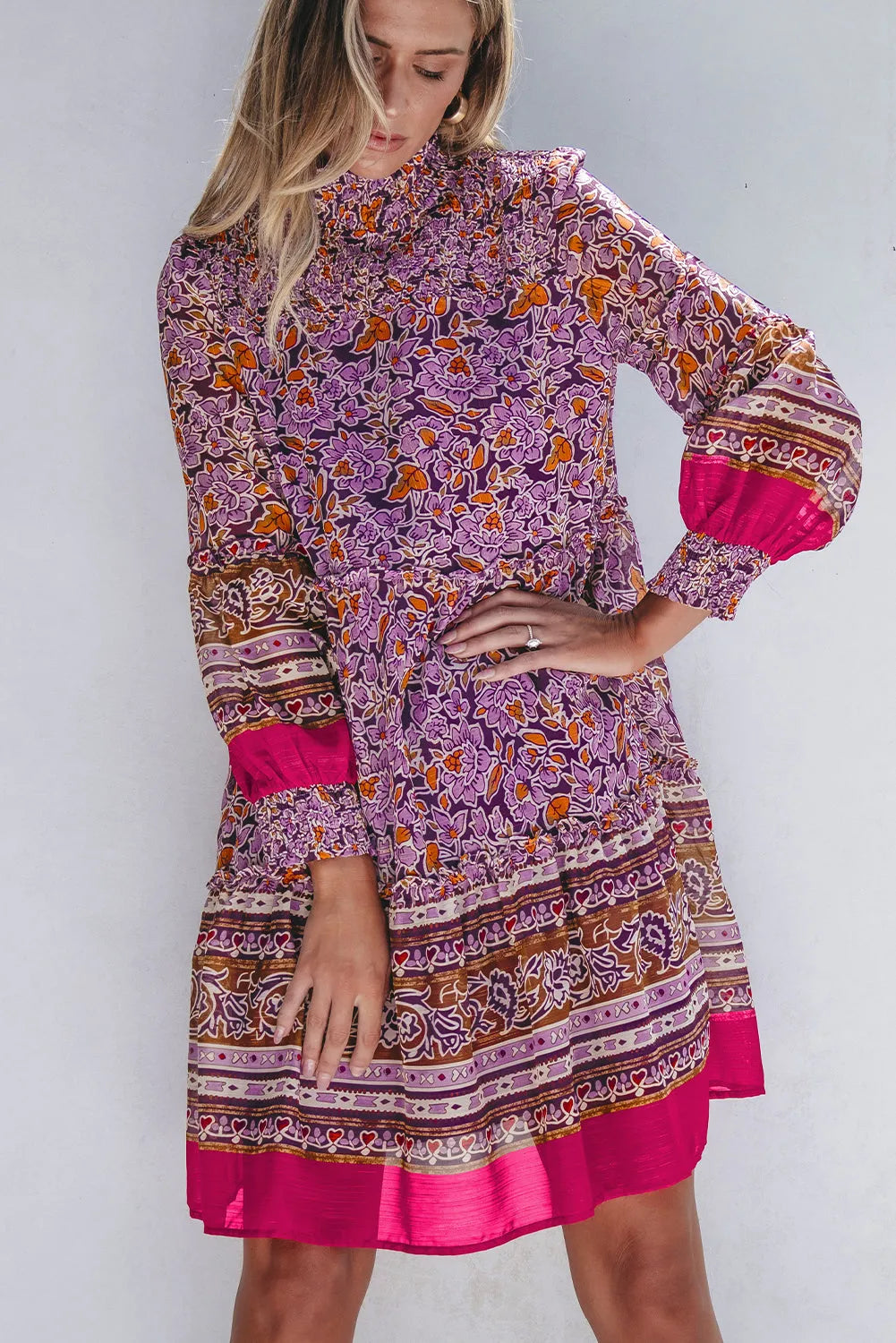 Purple Floral Smocked Puff Sleeve High Neck Mini Dress - Chic Meadow Boutique 