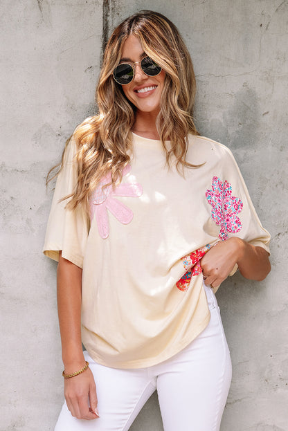 Apricot Flower Patched Exposed Stitching Trim Crew Neck Loose Tee