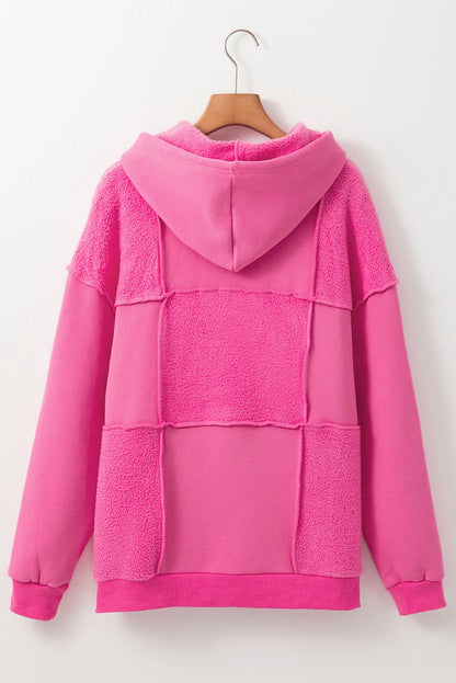 Pitaya Pink Mineral Wash Terry Patchwork Drawstring Hoodie - Chic Meadow Boutique 