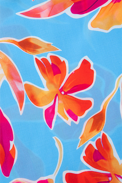 Sky Blue Floral Print V Neck Pompom Trim Flutter Sleeve Blouse