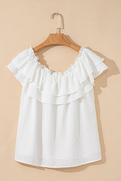 White Off Shoulder Ruffle Knotted Detail Swiss Dot Blouse
