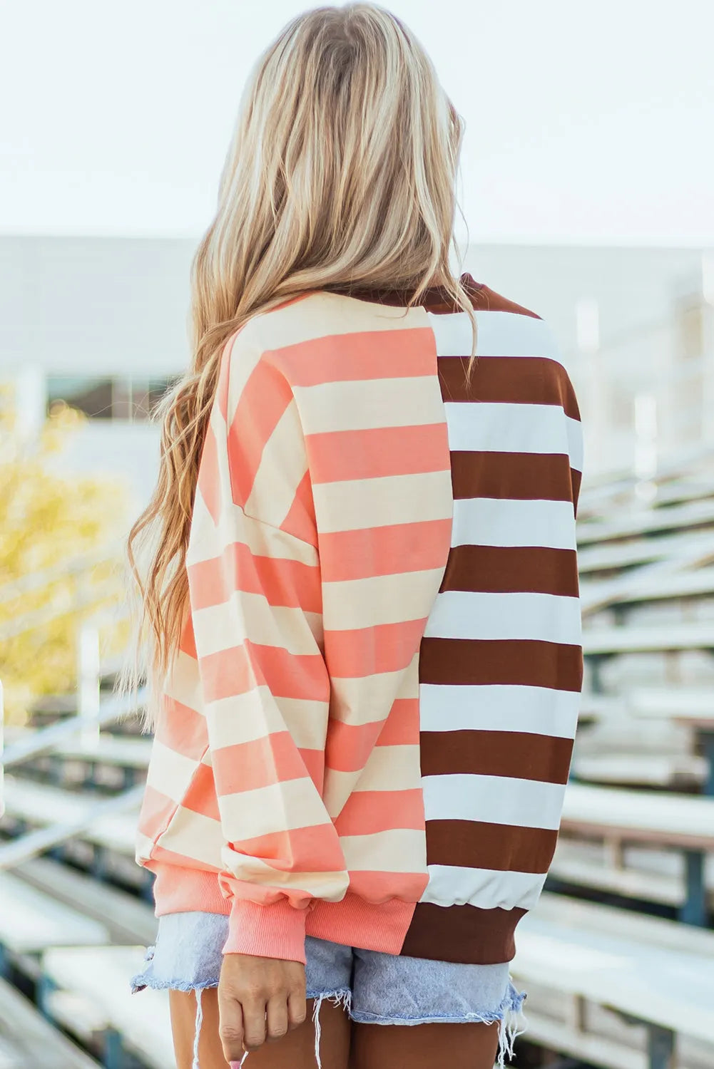 Brown Stripe Color Block Drop Shoulder Pullover Sweatshirt - Chic Meadow Boutique 