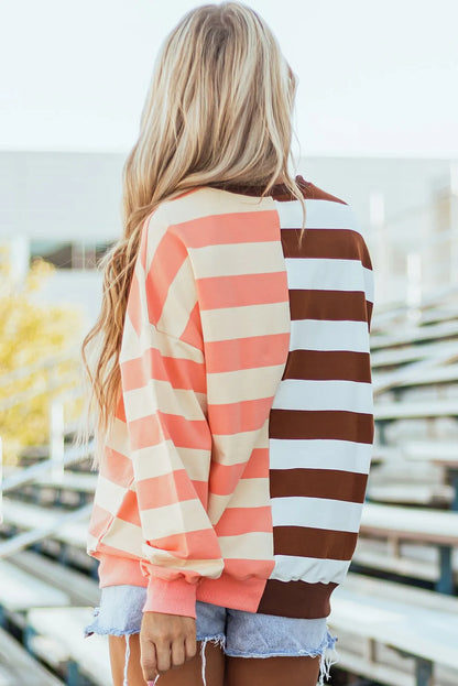 Brown Stripe Color Block Drop Shoulder Pullover Sweatshirt - Chic Meadow Boutique 