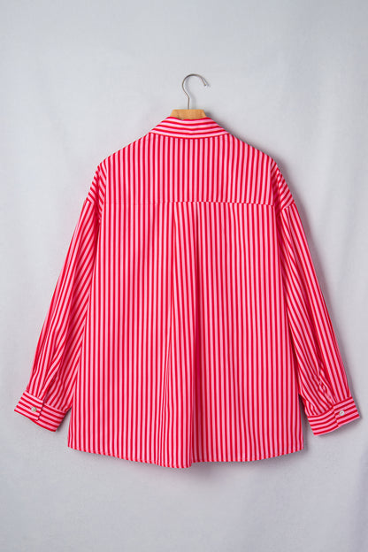 Red Stripe Button-Up Shirt Long Sleeve Patch Pocket Casual Shirt