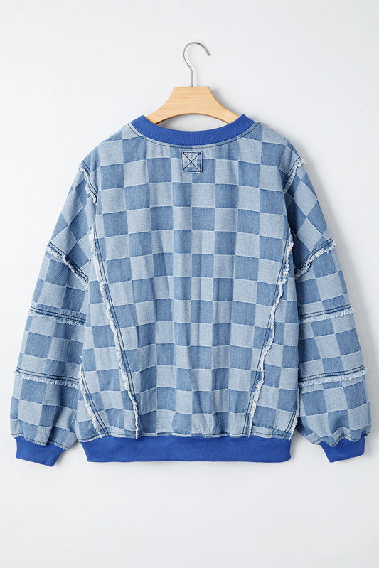 Sky Blue Checkerboard Splicing Raw Detail Oversized Denim Pullover