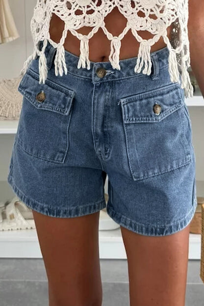 Dusk Blue Flap Pockets Denim Shorts