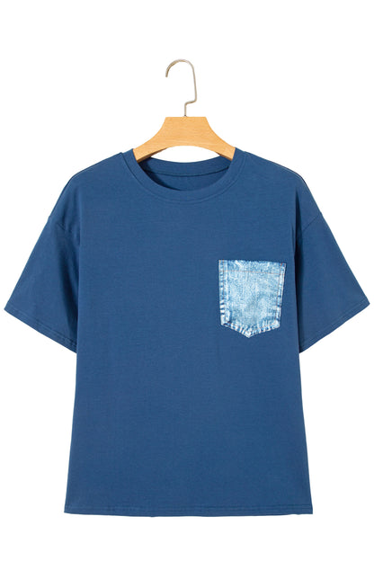 Sail Blue Color Block Chest Pocket Patched Casual Short Sleeve Top