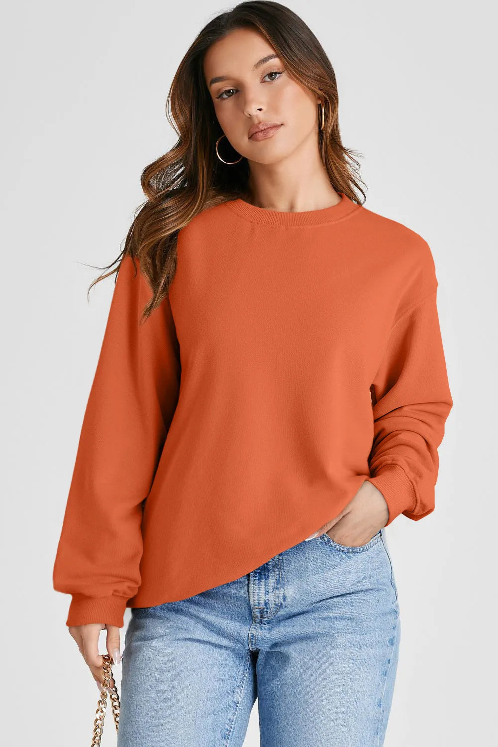 Orange Plain Drop Shoulder Crewneck Pullover Sweatshirt - Chic Meadow Boutique 