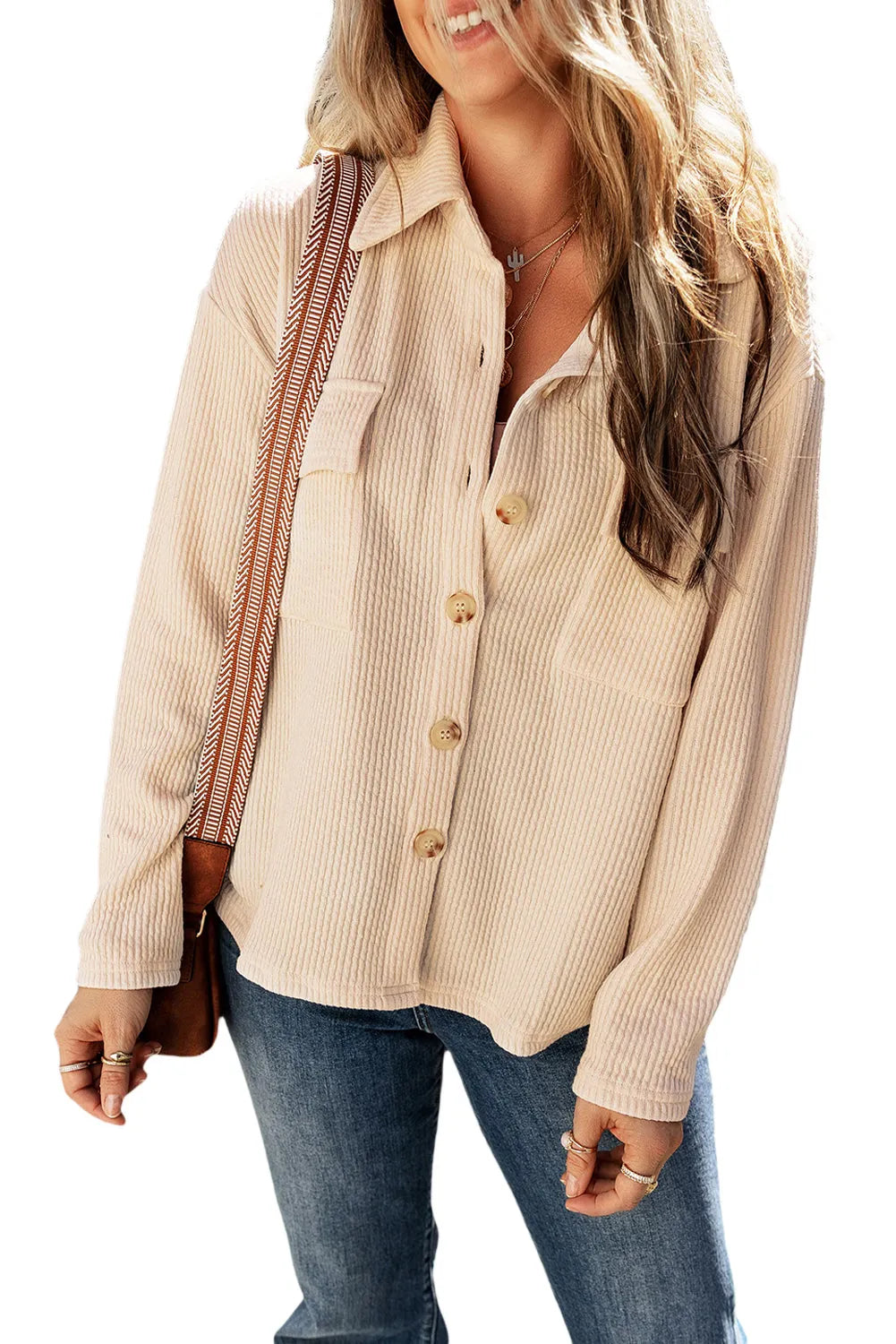 White Collared Neck Ribbed Textured Shacket - Chic Meadow Boutique 