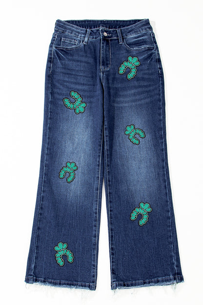 Sail Blue Turquoise Pattern Raw Edge Cropped High Waist Jeans