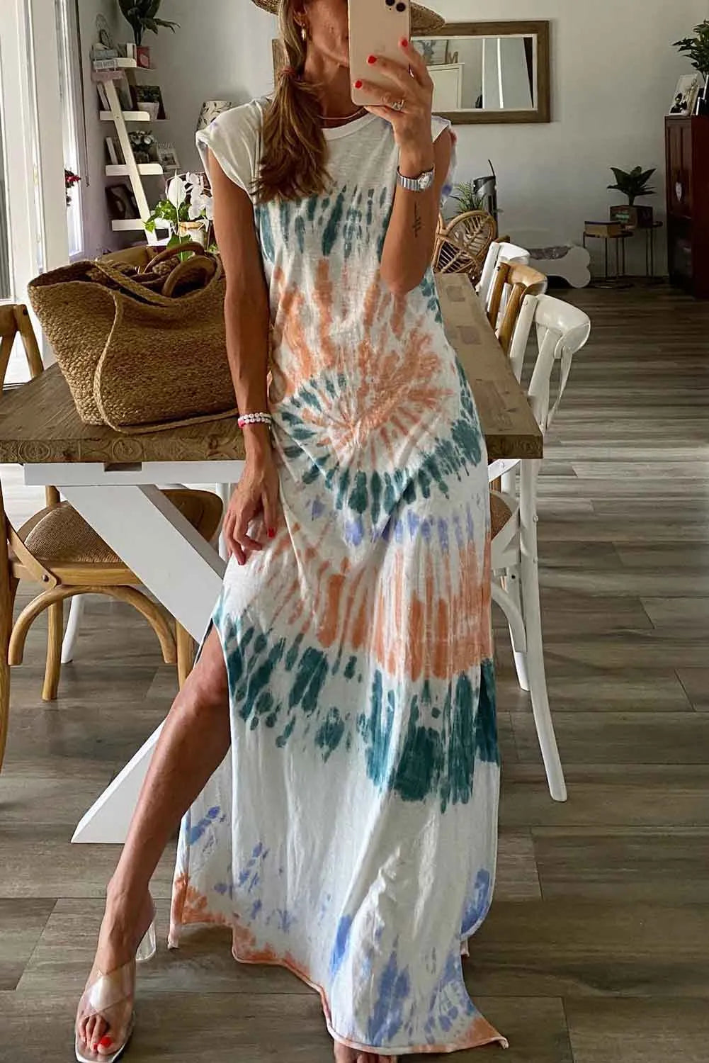 White Cap Sleeve Tie Dye Long Slit Dress - Chic Meadow Boutique 