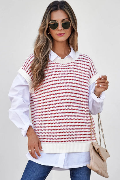 Red Stripe Ribbed Trim Loose Fit Knitted Sweater Vest - Chic Meadow Boutique 