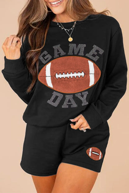 Black GAME DAY Rugby Football Graphic Pullover and Shorts Casual Outfit - Chic Meadow Boutique 