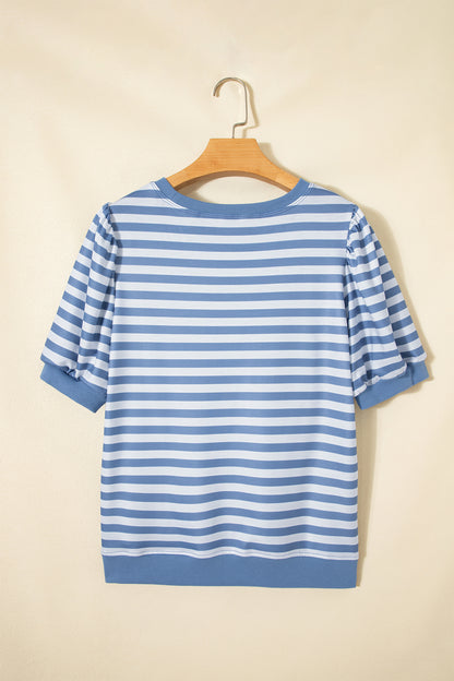 Sky Blue Stripe Short Bubble Sleeve T Shirt