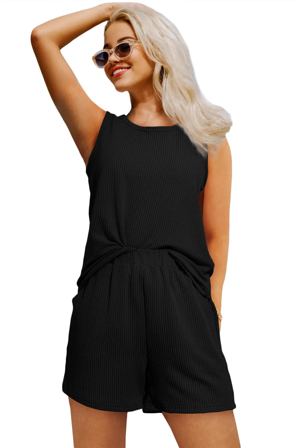 Black Corded Sleeveless Top and Pocketed Shorts Set - Chic Meadow Boutique 