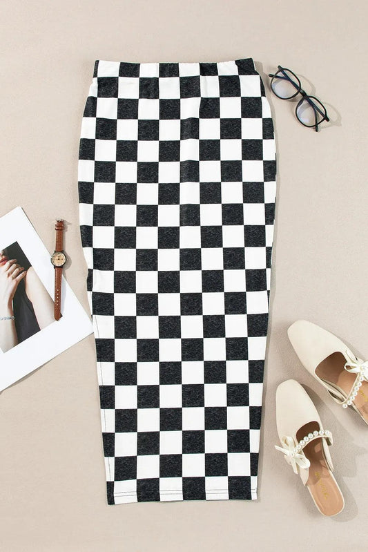 Bottoms/Skirts & Petticoat White Checkered Print Side Slit High Waist Midi Skirt