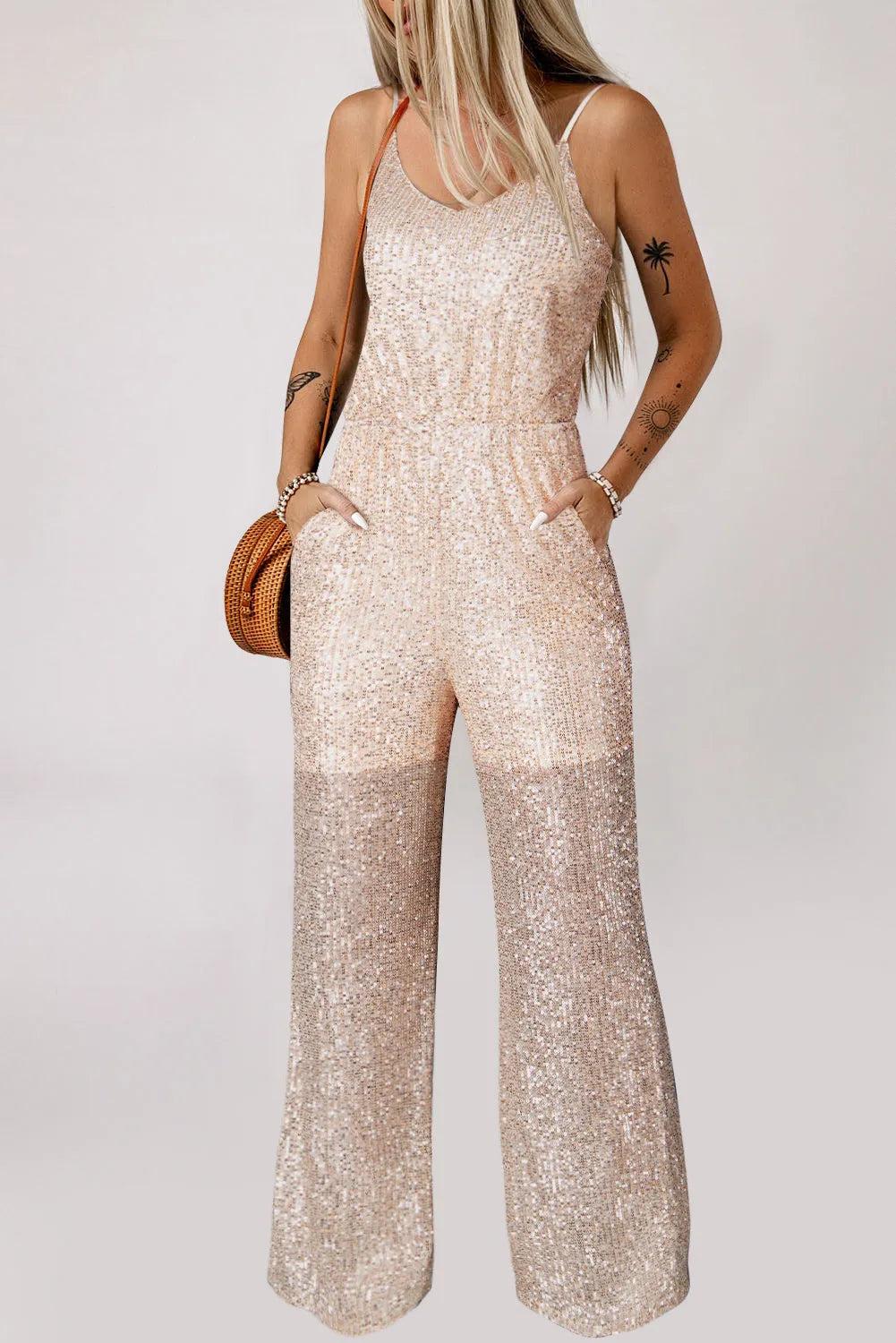 Gold Sequined V Neck Sleeveless High Waist Jumpsuit - Chic Meadow Boutique 