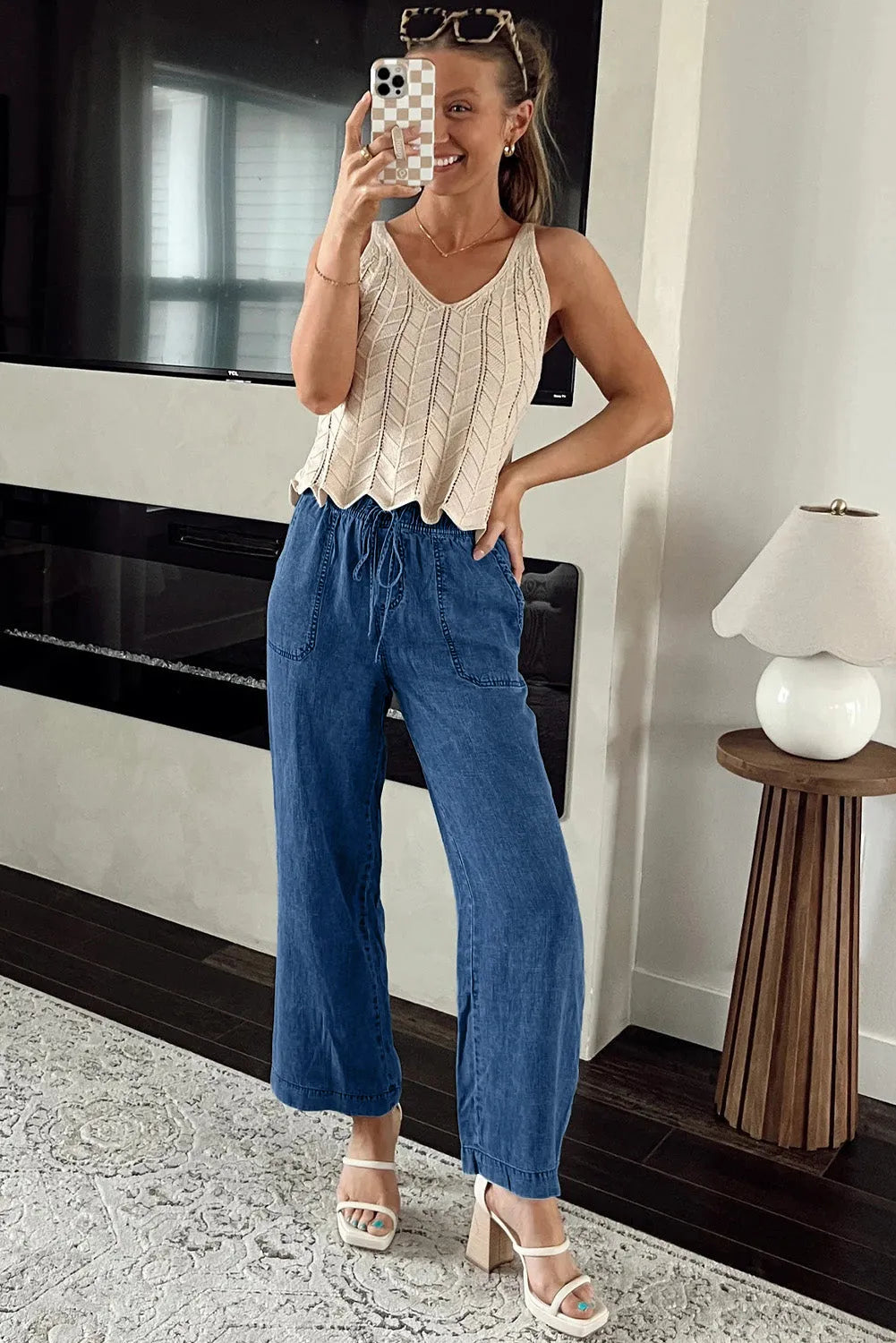 Sail Blue Mineral Wash Drawstring Waist Loose Straight Denim Pants - Chic Meadow Boutique 