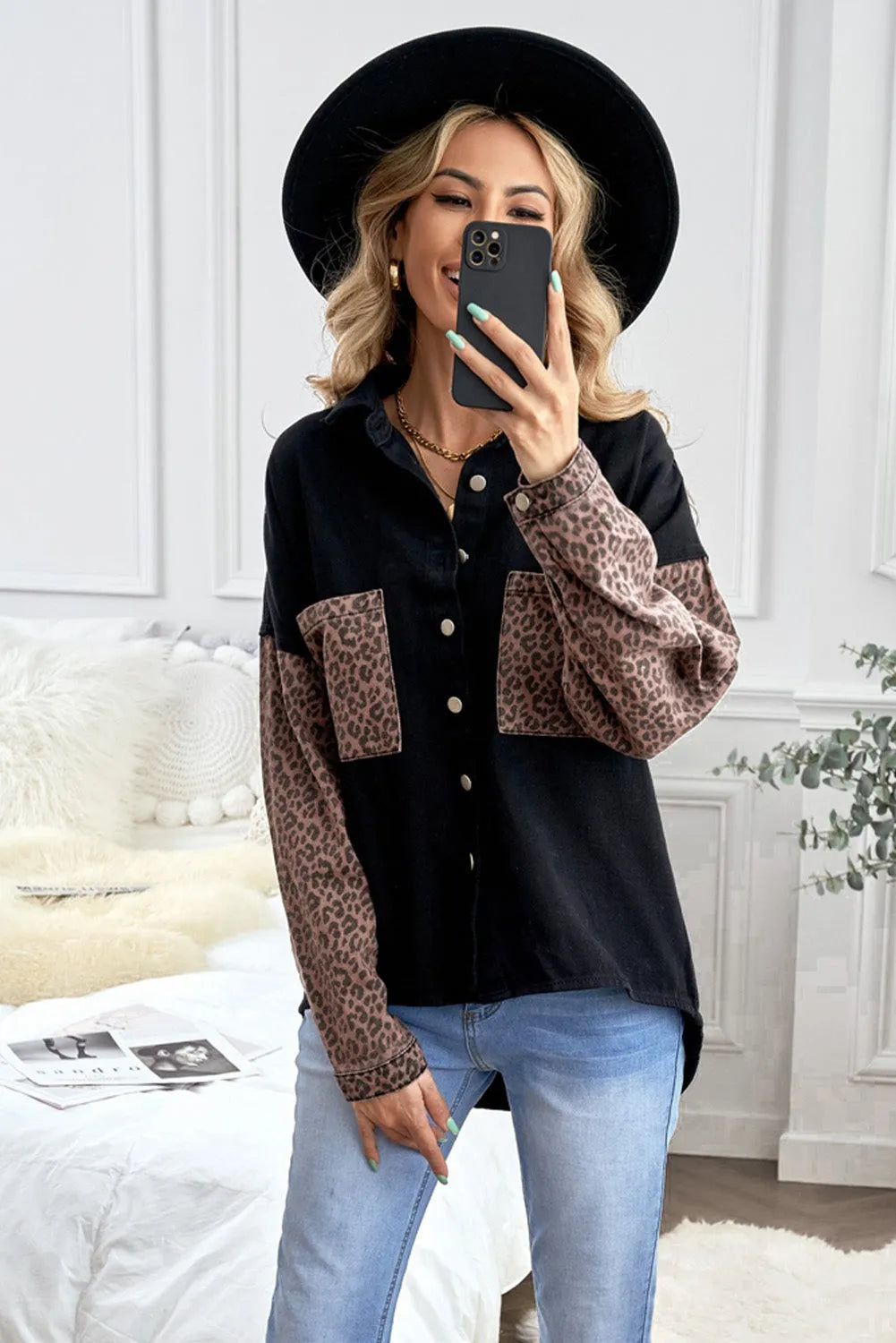 Black Contrast Leopard Denim Jacket - Chic Meadow Boutique 