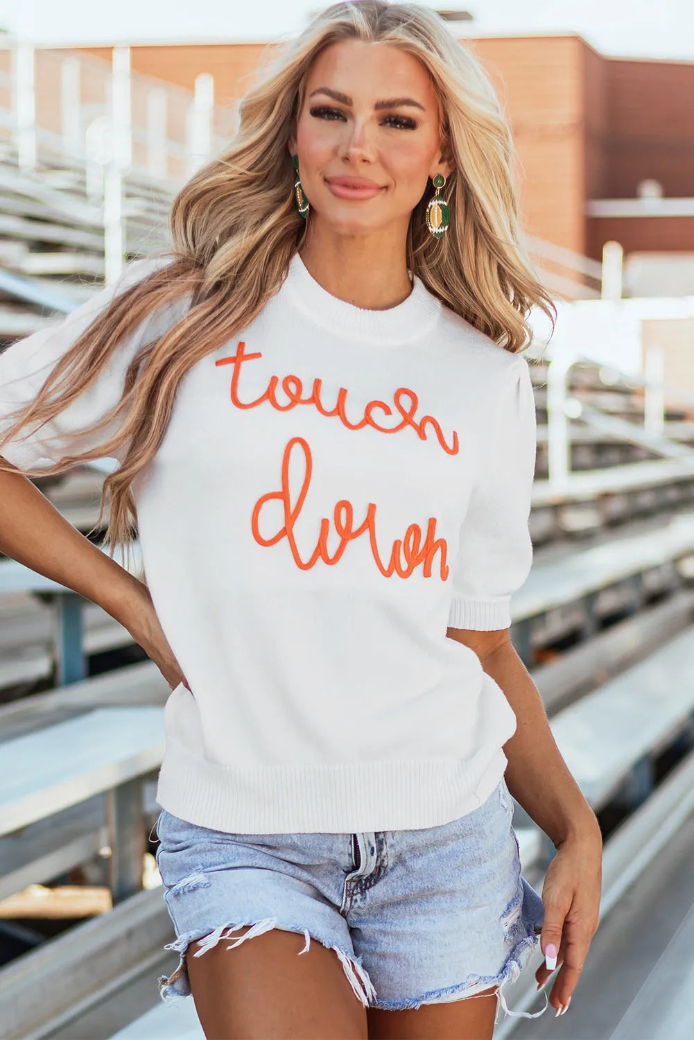 White Touchdown Tinsel Puff Short Sleeve Crew Neck Sweater - Chic Meadow Boutique 