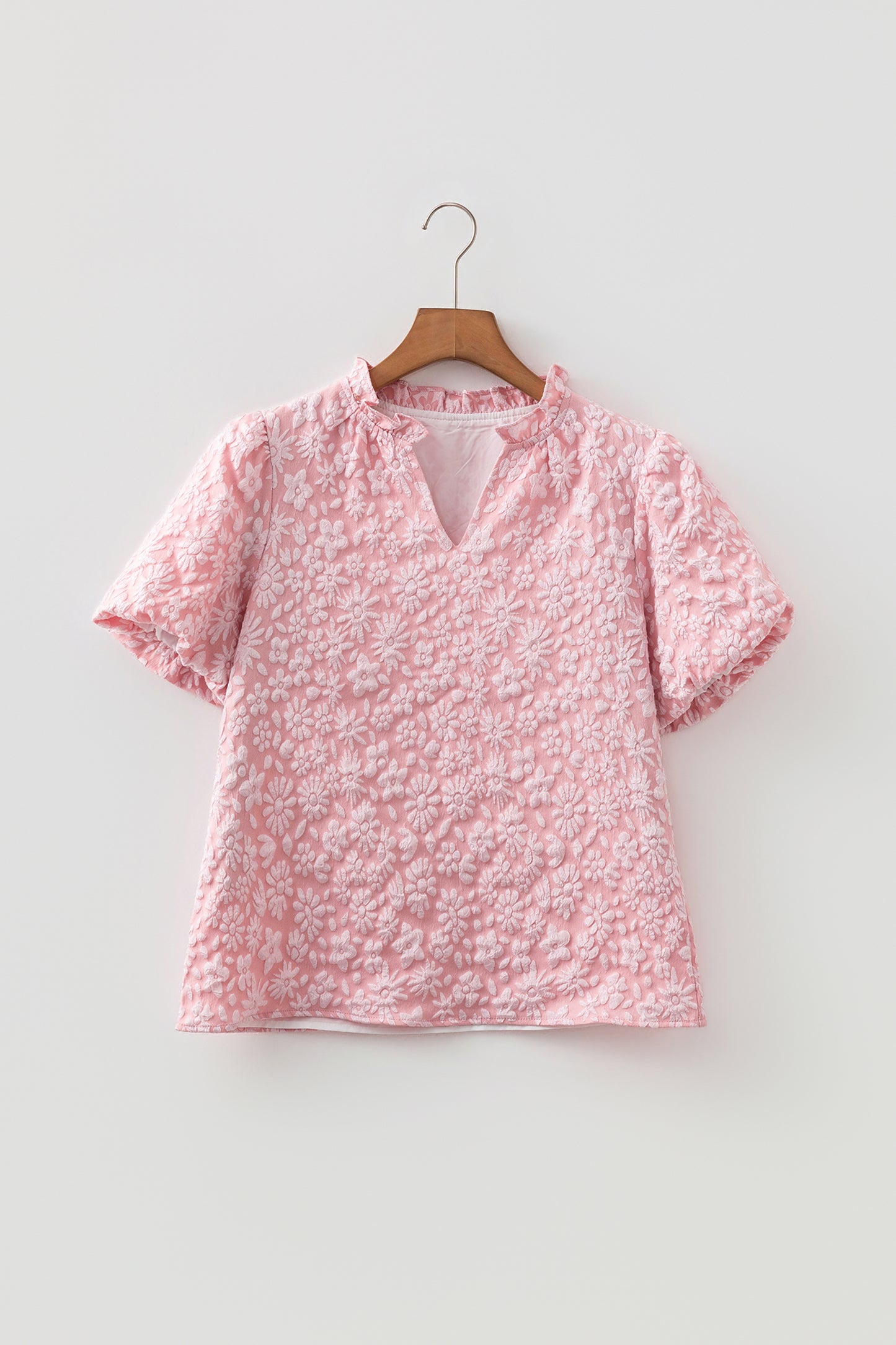 Apricot Pink Floral Textured Jacquard Puff Sleeve Blouse