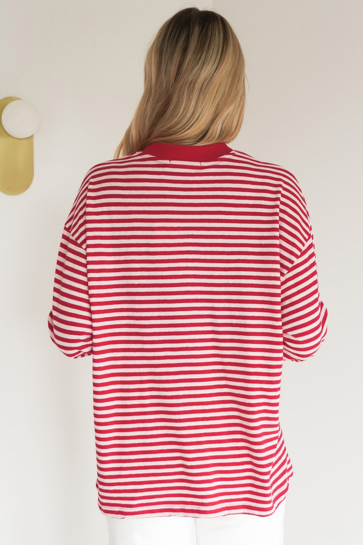 Red Stripe Oversized Long Sleeve Round Neck Top