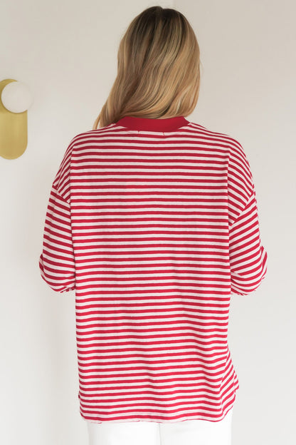 Red Stripe Oversized Long Sleeve Round Neck Top