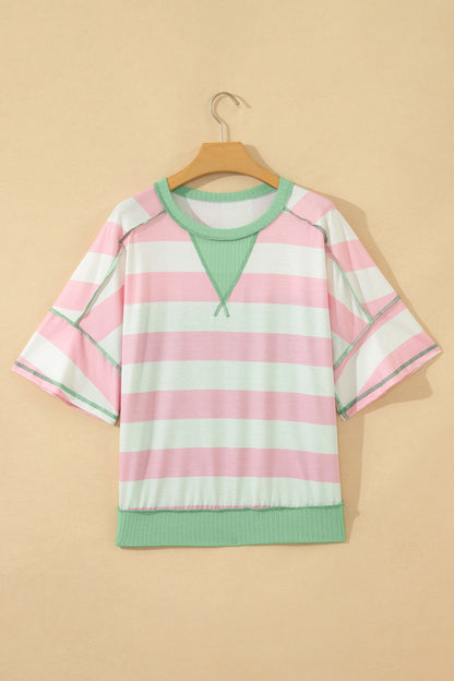 Pink Stripe Exposed Seam Ribbed Patchwork Oversized Tee