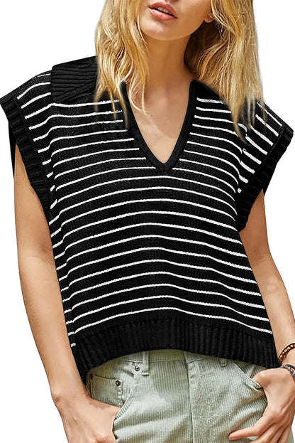 Black Stripe Turn-down V Neck Sweater Tank Top - Chic Meadow Boutique 