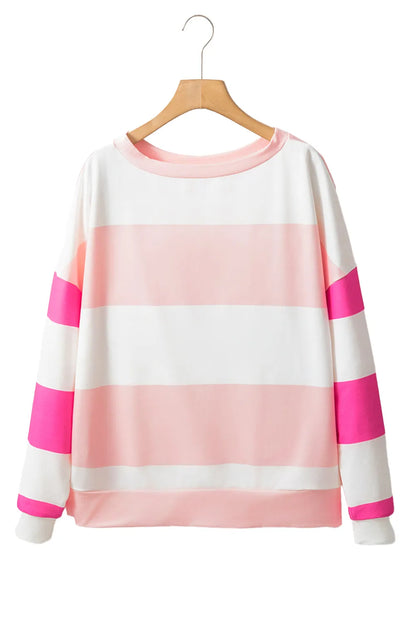 Light Pink Colorblock Striped Drop Shoulder Long Sleeve Top - Chic Meadow Boutique 