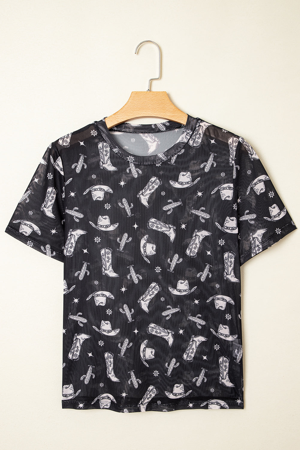 Black Western Pattern Mesh Sheer Crew Neck T Shirt