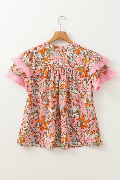 Multicolour Floral Tiered Ruffled Short Sleeve Blouse