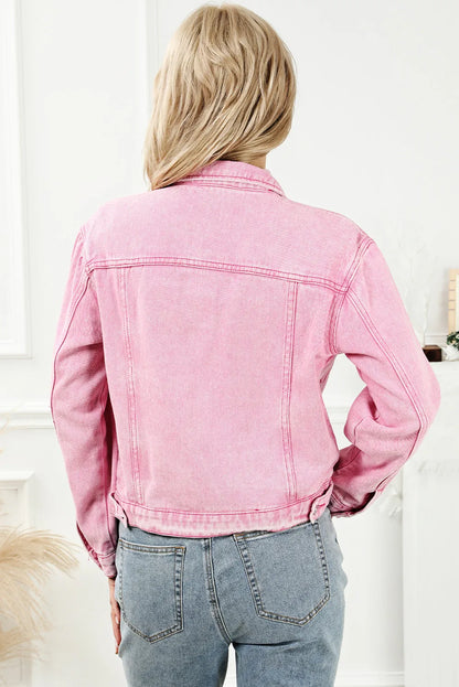 Pink Acid Wash Button Flap Pocket Denim Jacket - Chic Meadow Boutique 