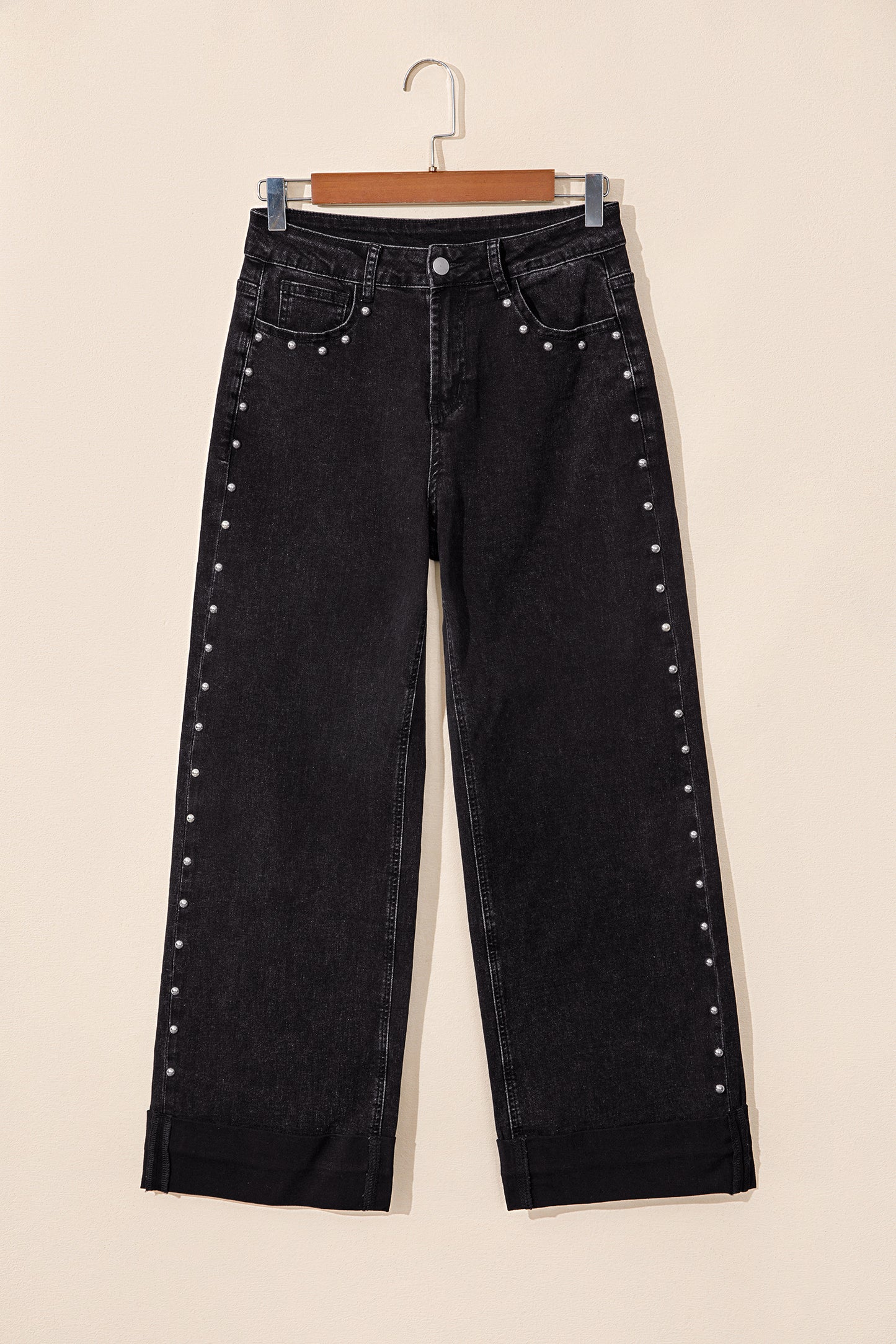 Black Studded Detail Straight Leg Casual Loose Jeans