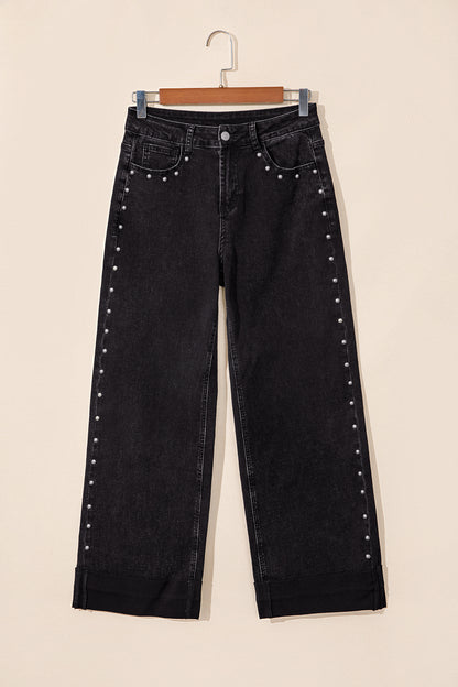 Black Studded Detail Straight Leg Casual Loose Jeans