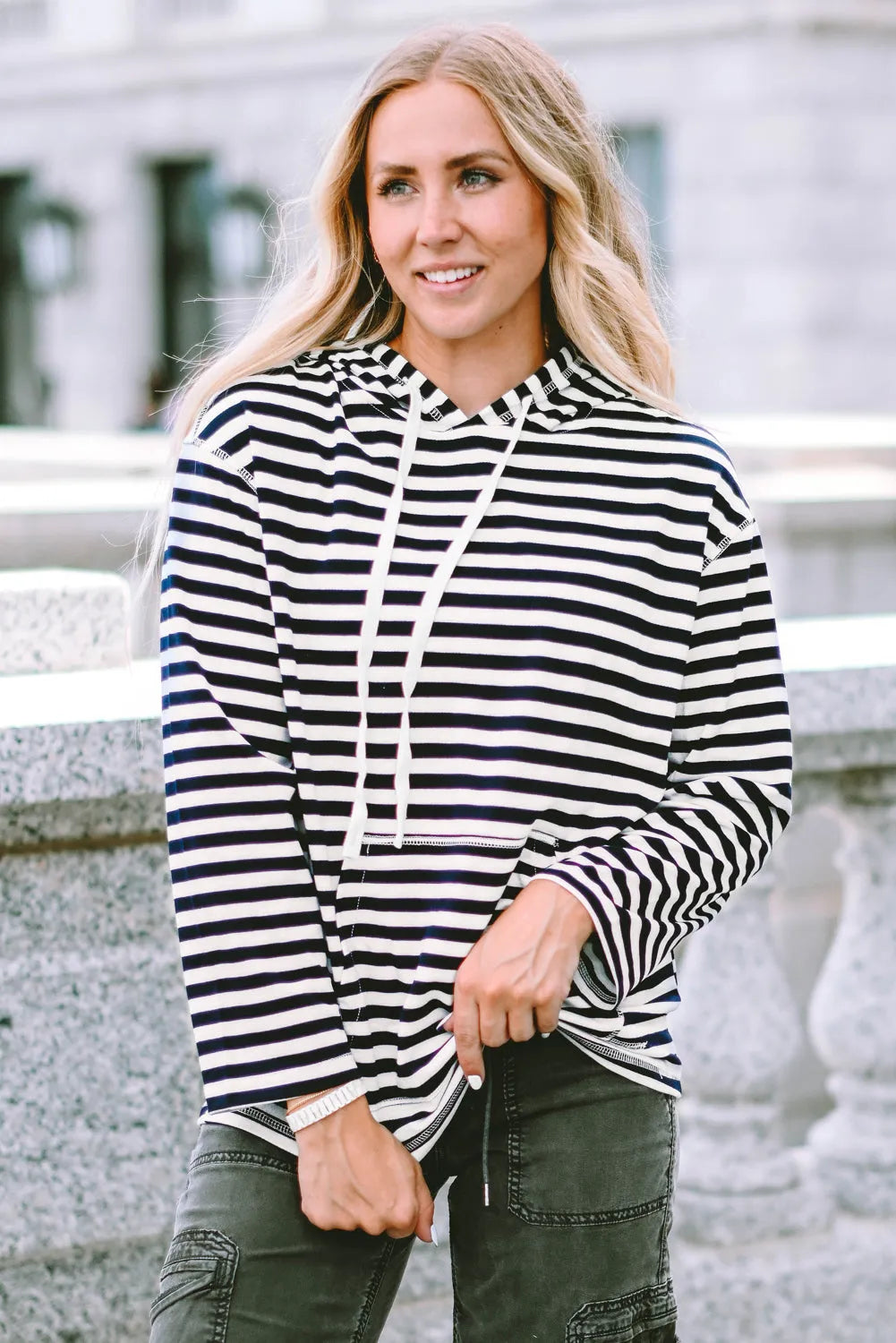 Stripe Kangaroo Pocket Drawstring Hoodie - Chic Meadow Boutique 