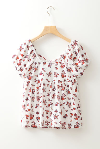 White Boho Floral Ruched Cinched Short Sleeve Blouse