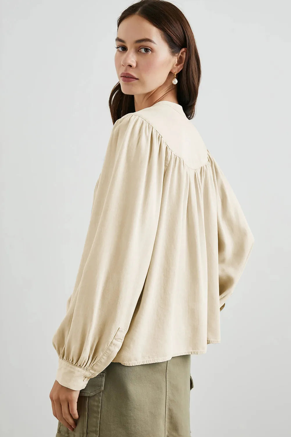 White Solid Color Lantern Sleeve Notched V Neck Blouse - Chic Meadow Boutique 