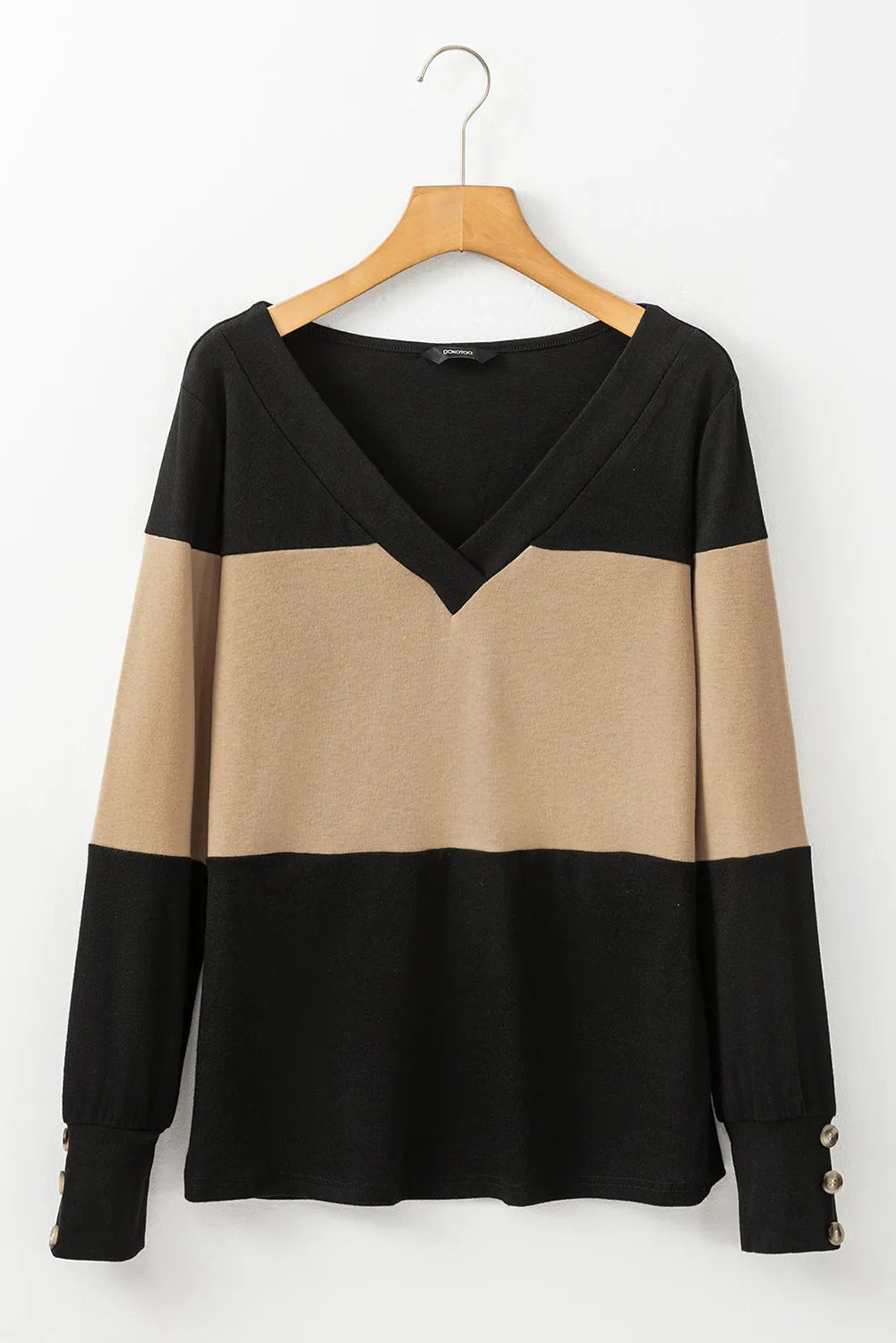 Parchment Colorblock Button Decor Long Sleeve V Neck Top - Chic Meadow Boutique 