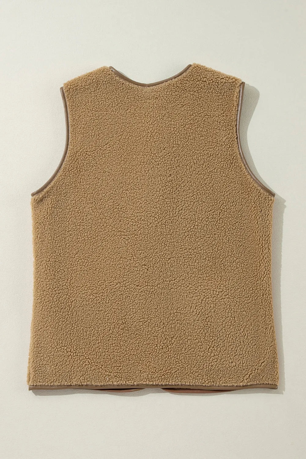 Camel Leather Contrast Side Pockets Buttoned Fleece Vest - Chic Meadow Boutique 