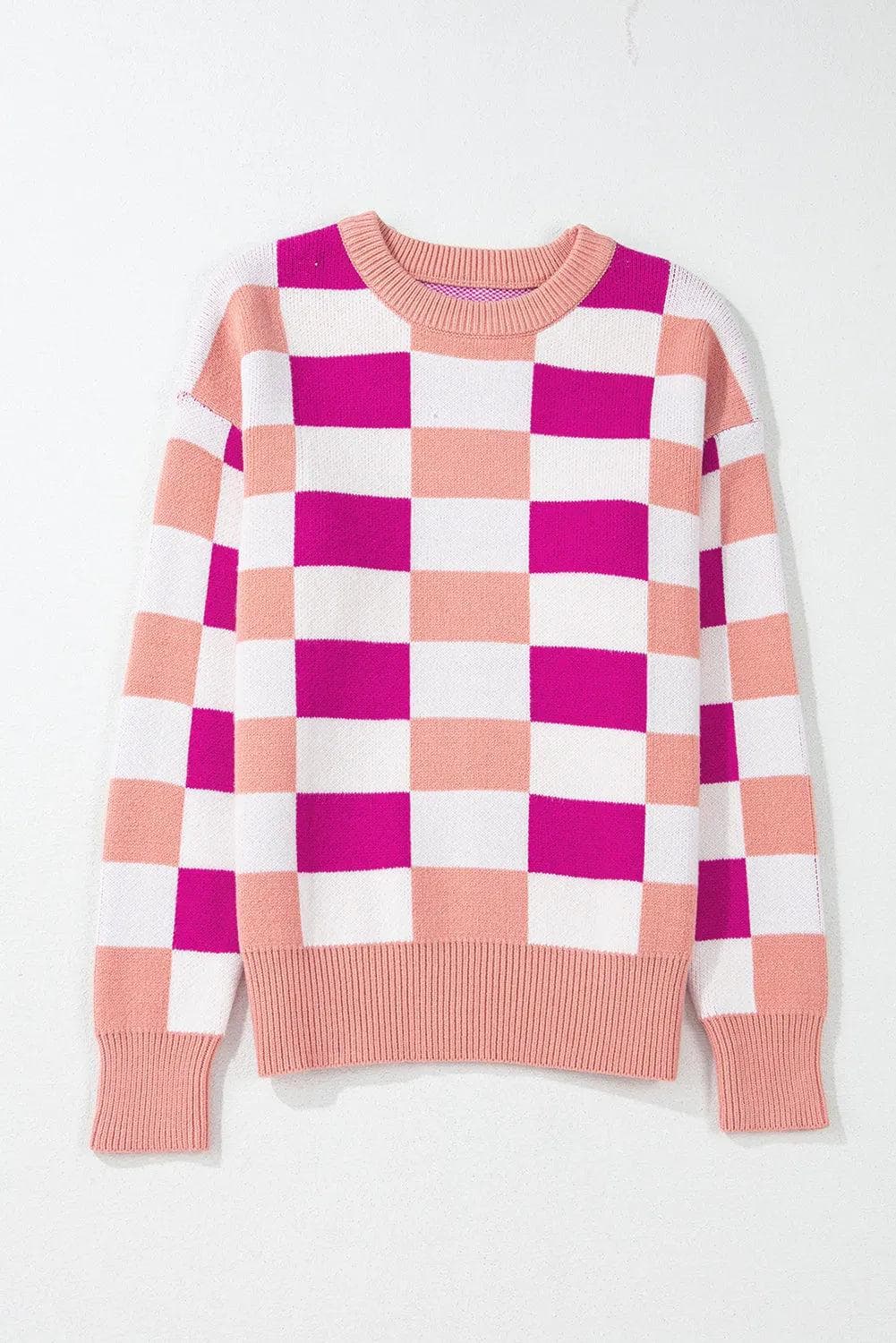 Sweaters & Cardigans/Sweaters Pink Checkered Ribbed Edge O Neck Drop Shoulder Sweater