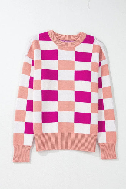 Sweaters & Cardigans/Sweaters Pink Checkered Ribbed Edge O Neck Drop Shoulder Sweater