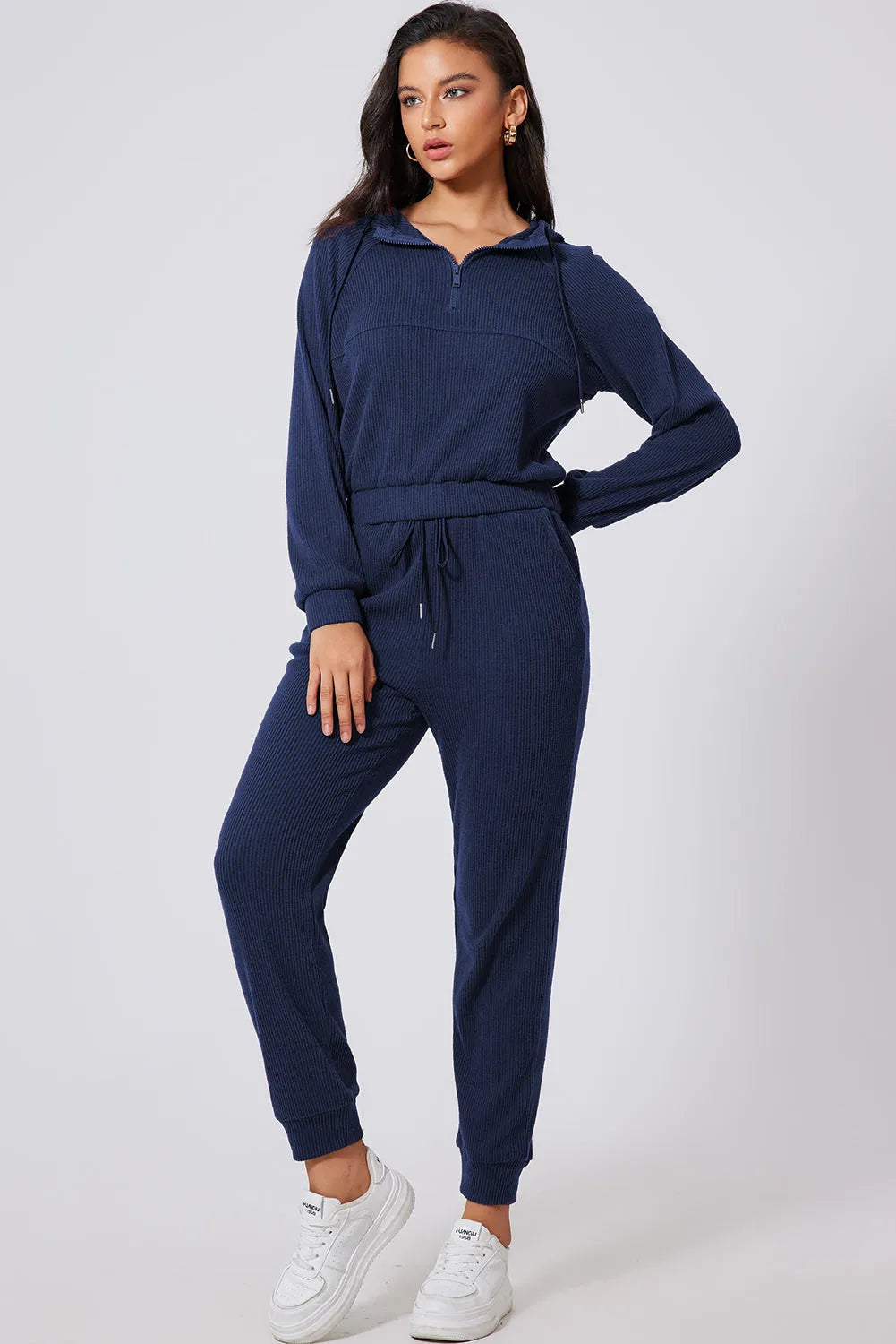 Navy Blue Ribbed Knit Cropped Hoodie and Drawstring Joggers Set - Chic Meadow Boutique 