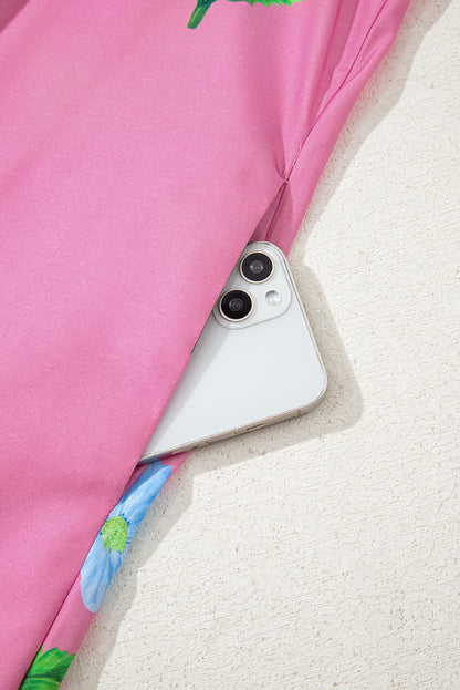 Rose Floral Short Sleeve Split Neck Loose Mini Dress